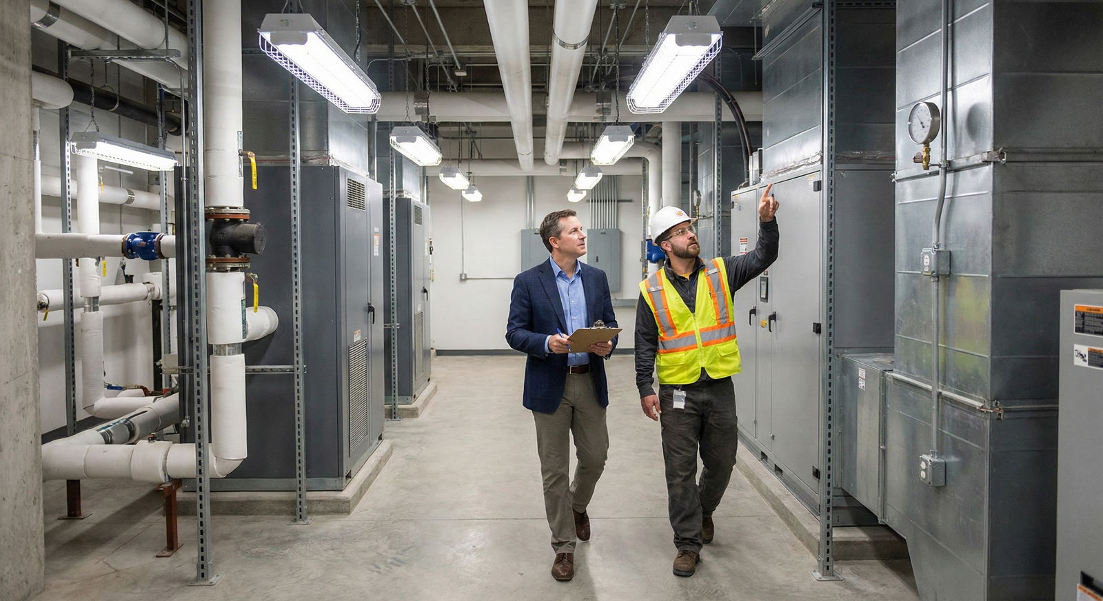 Physician and engineer walking mechanical room of a medical office building -  for Sale–Leaseback of Your Practice Building: