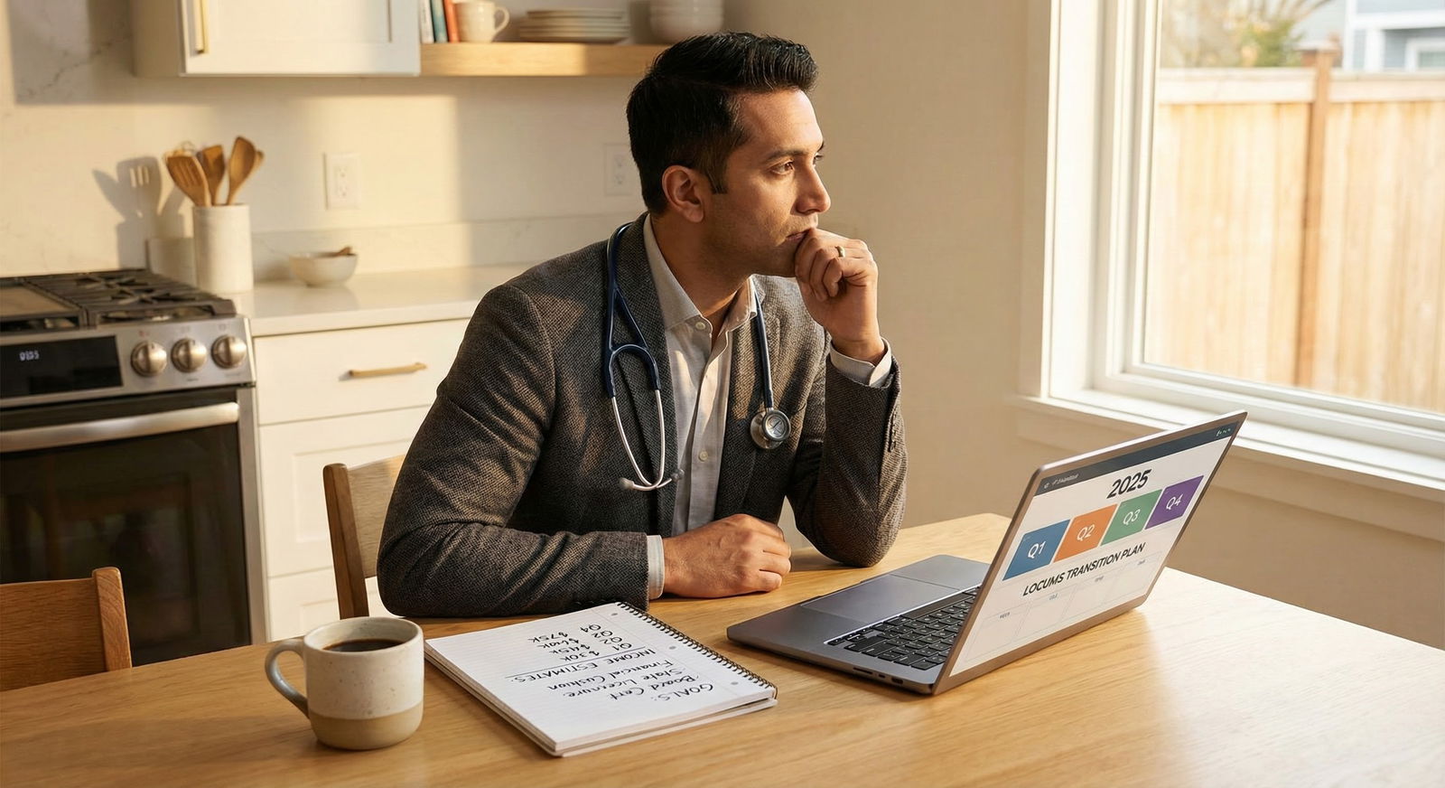 Physician at home reviewing locums work calendar and financial goals -  for From Fellowship to Full-Time Locums: Transition P
