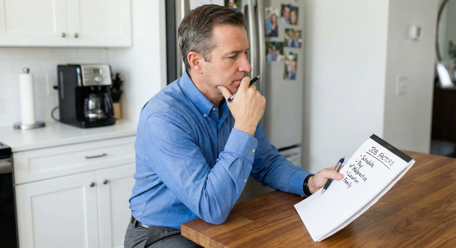 Physician balancing work-life factors on a notepad checklist -  for Do Malpractice Laws Really Matter When Choosing Where to