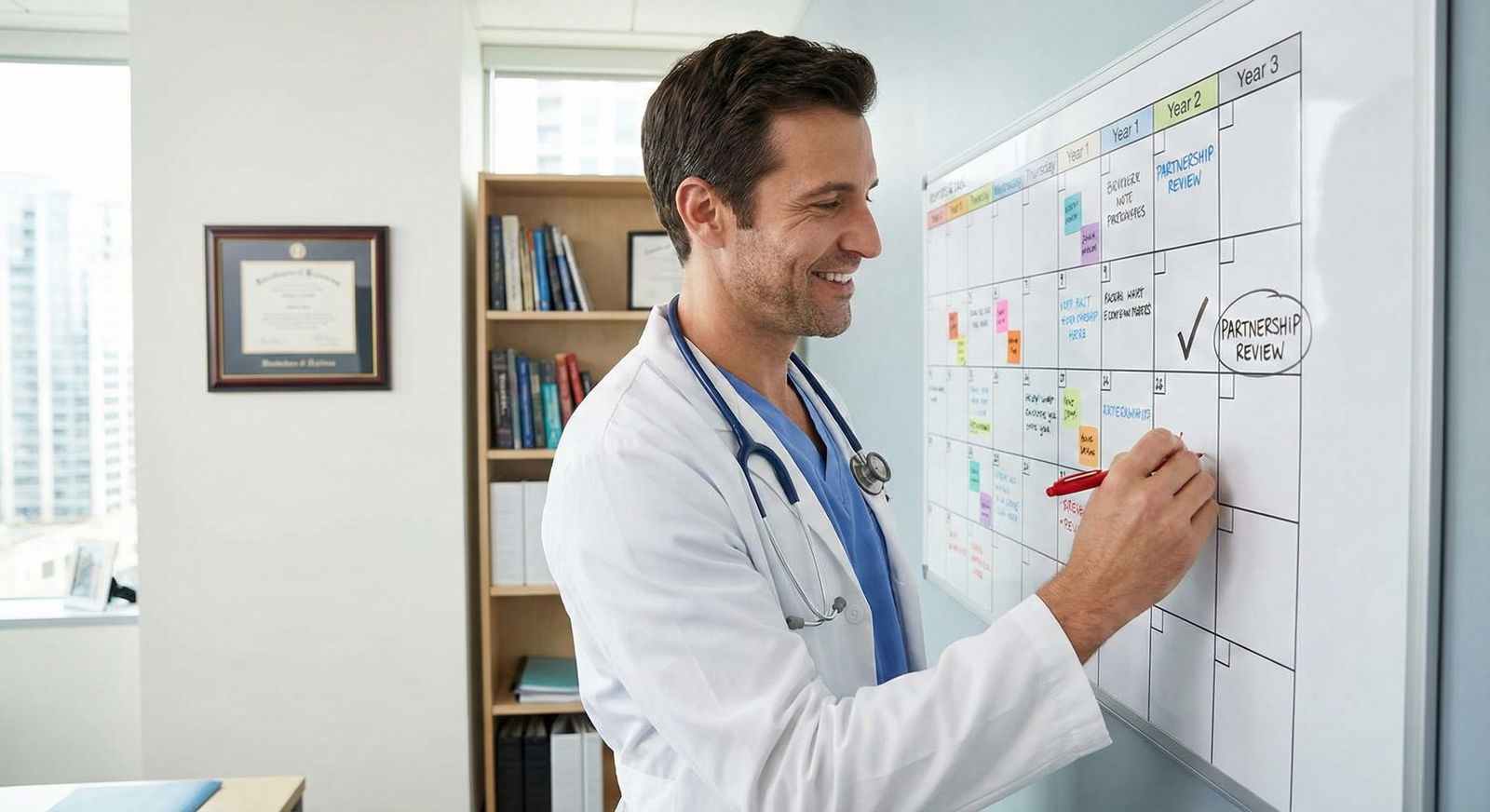 Physician checking milestones on a wall calendar Physician checking milestones on a wall calendar - for Preparing for Partnership: What to Accomplish in Years 1–3 Employed