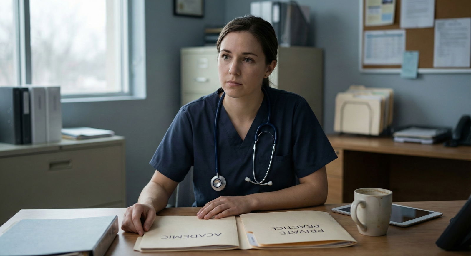 Physician comparing academic and private practice options on a notepad Physician comparing academic and private practice options on a notepad - for Academic vs Private Practice: What’s Better for