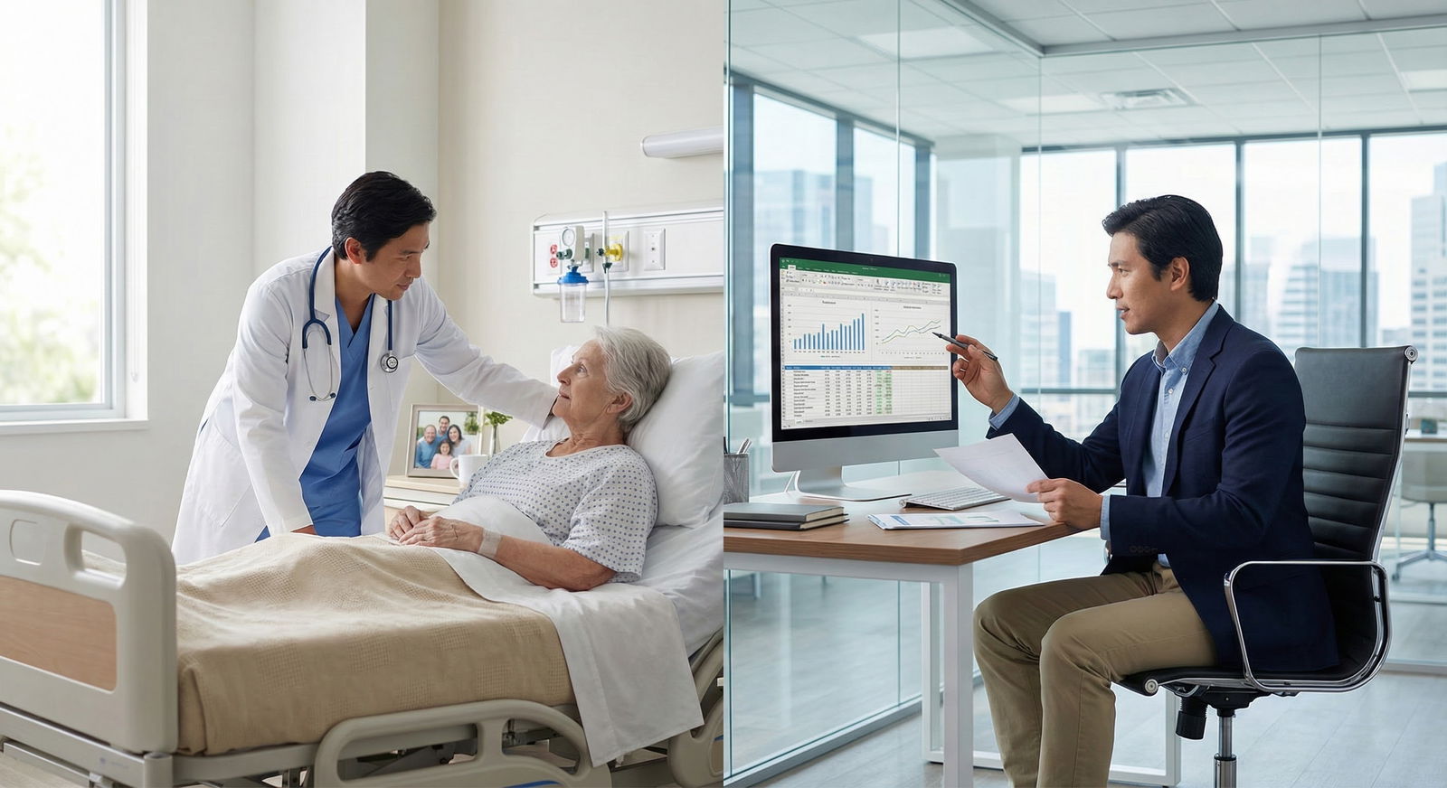 Doctor looking out window in modern office, between hospital and corporate world -  for What If I Regret Leaving Clinical Med