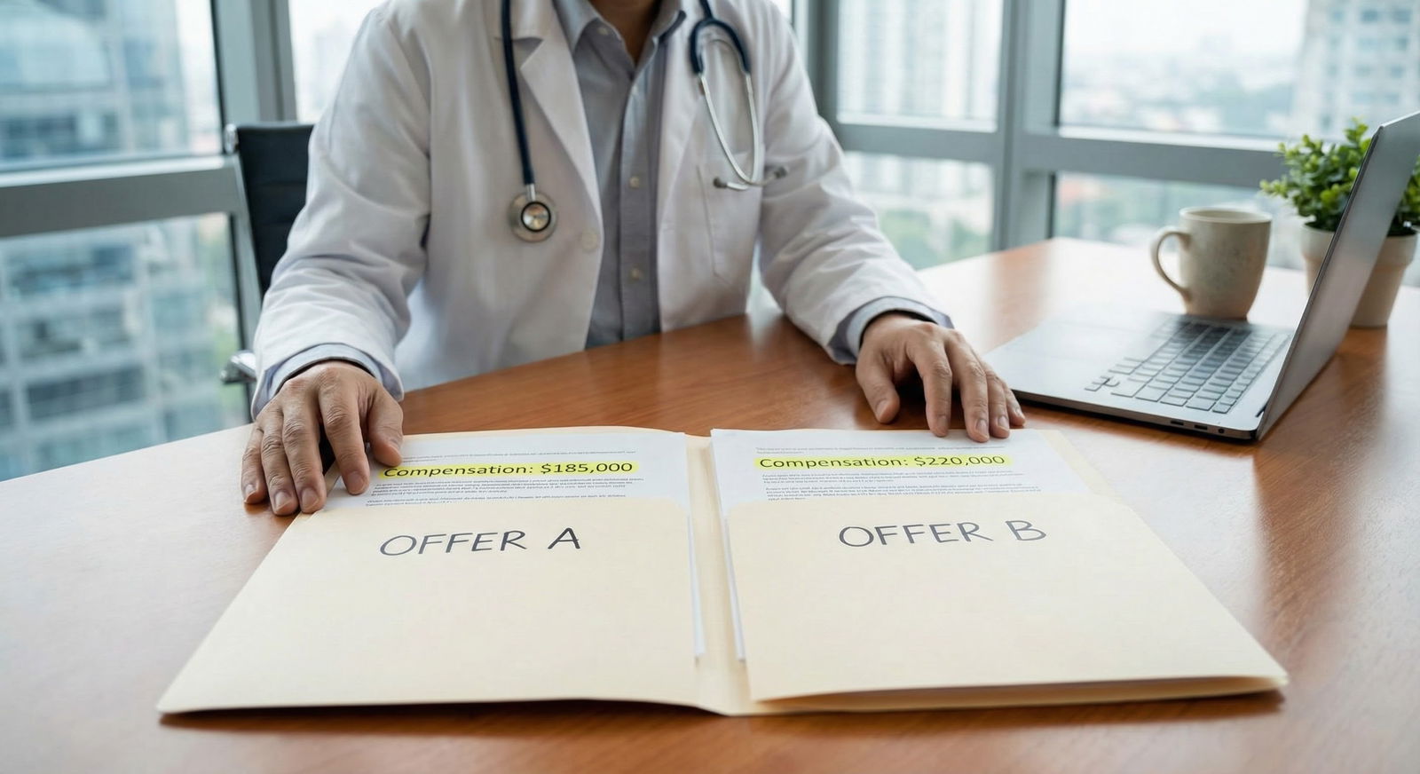 Physician comparing two job offers with contracts -  for Academic vs Private Practice: Who Actually Takes Home More Money?