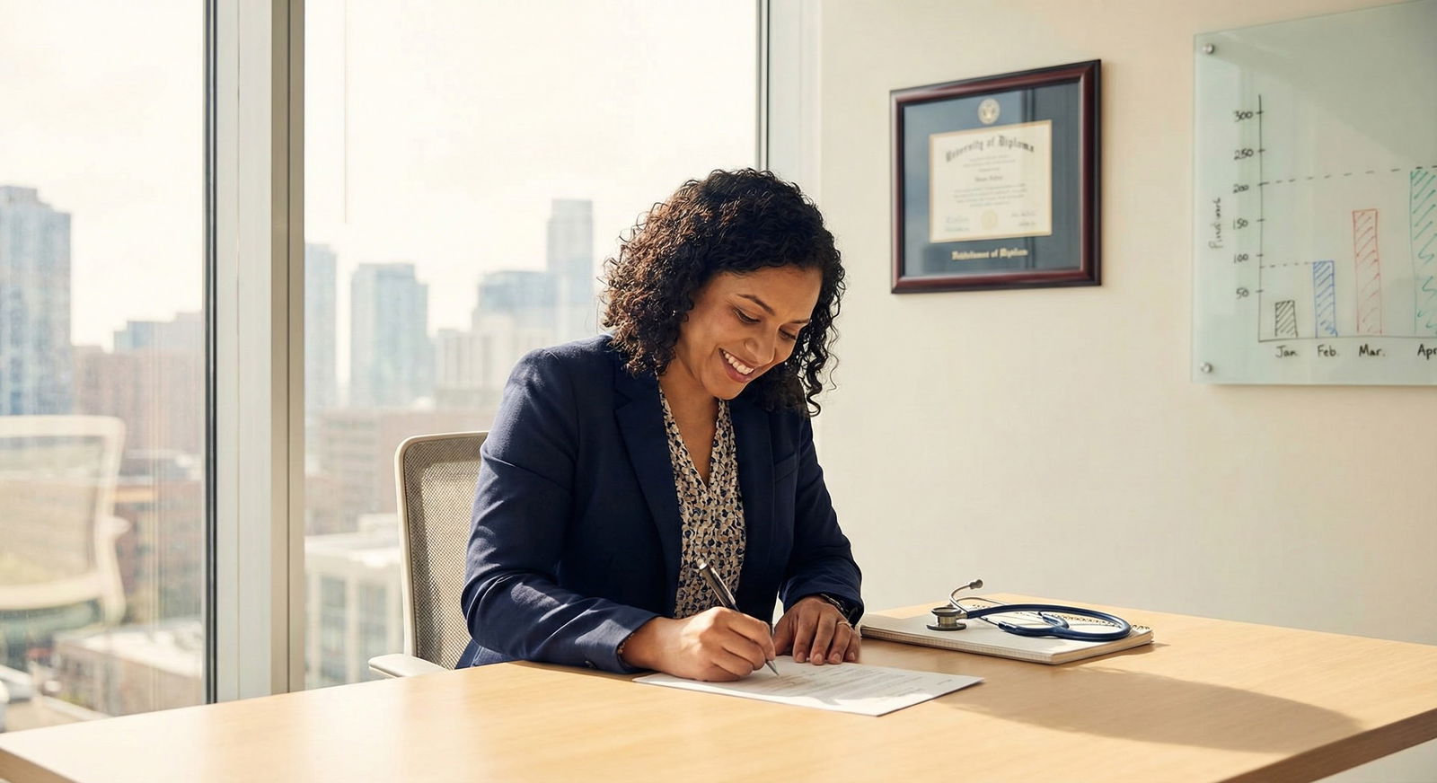 Young physician anxiously reviewing an employment contract alone in a quiet hospital office at night -  for Scared of Non-Com