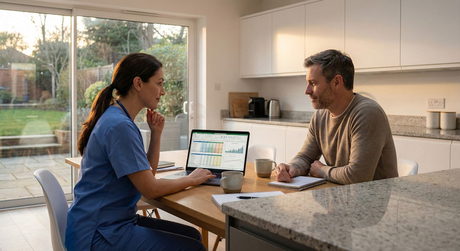 Physician couple reviewing finances at kitchen table -  for Should My Spouse Stop Working Once I Make Attending Income?
