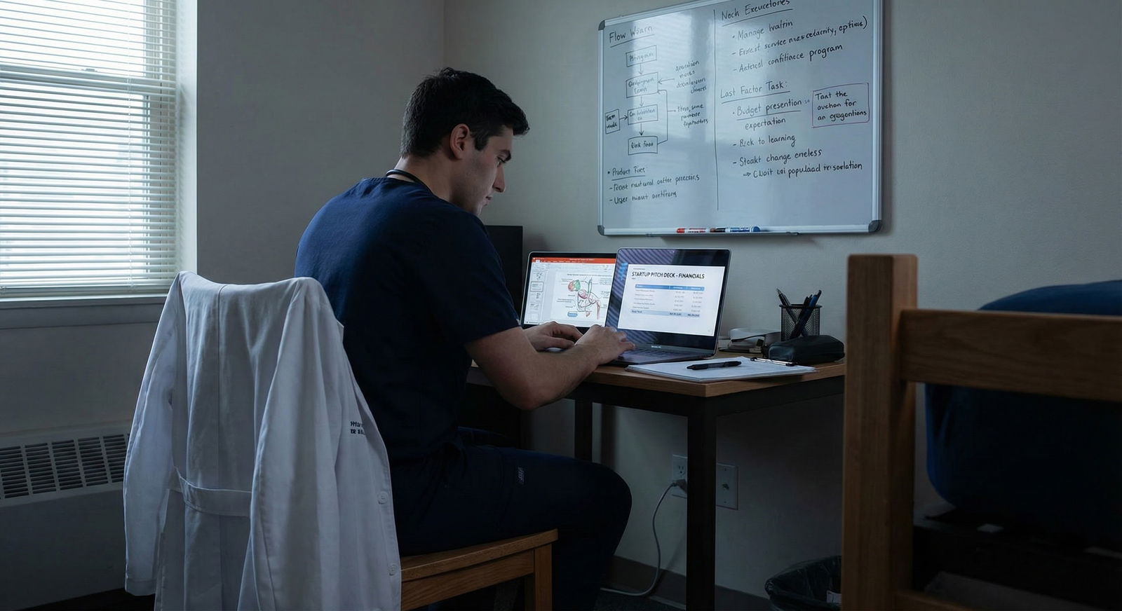 Physician founder working on a digital health startup late at night -  for How Much Savings Do I Really Need Before Going All