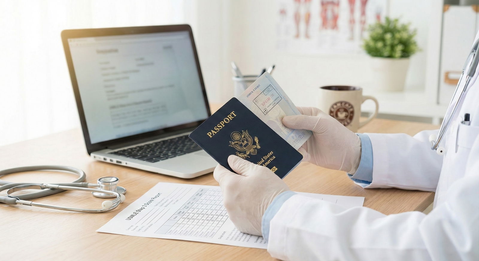 Physician holding passport with US visa next to USMLE Step 3 score report -  for Does Passing Step 3 Guarantee a Smooth Visa