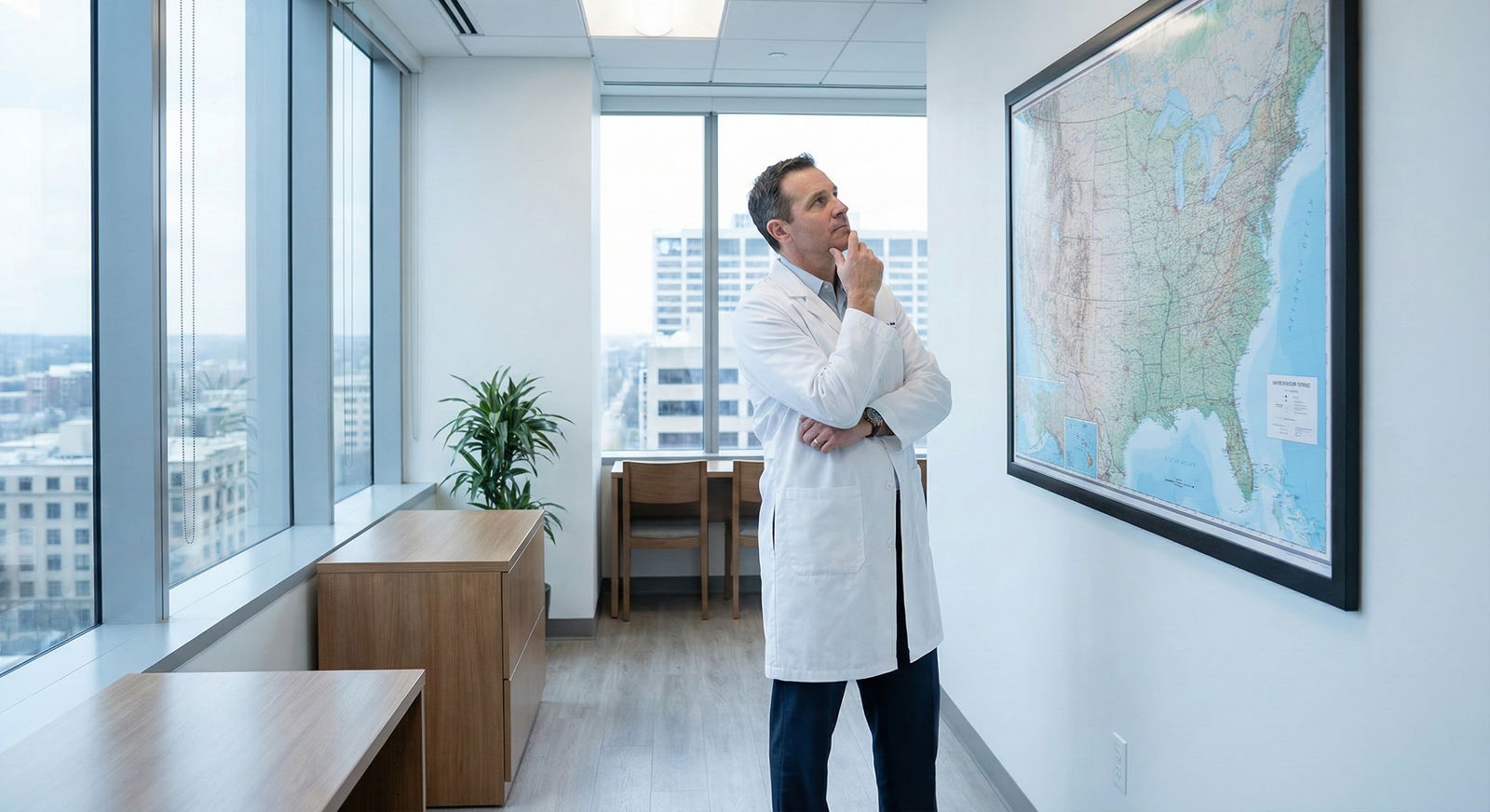 Physician looking at a US map in a hospital office -  for Hate Winter, Love Tertiary Care? A Framework for Choosing Your Regi
