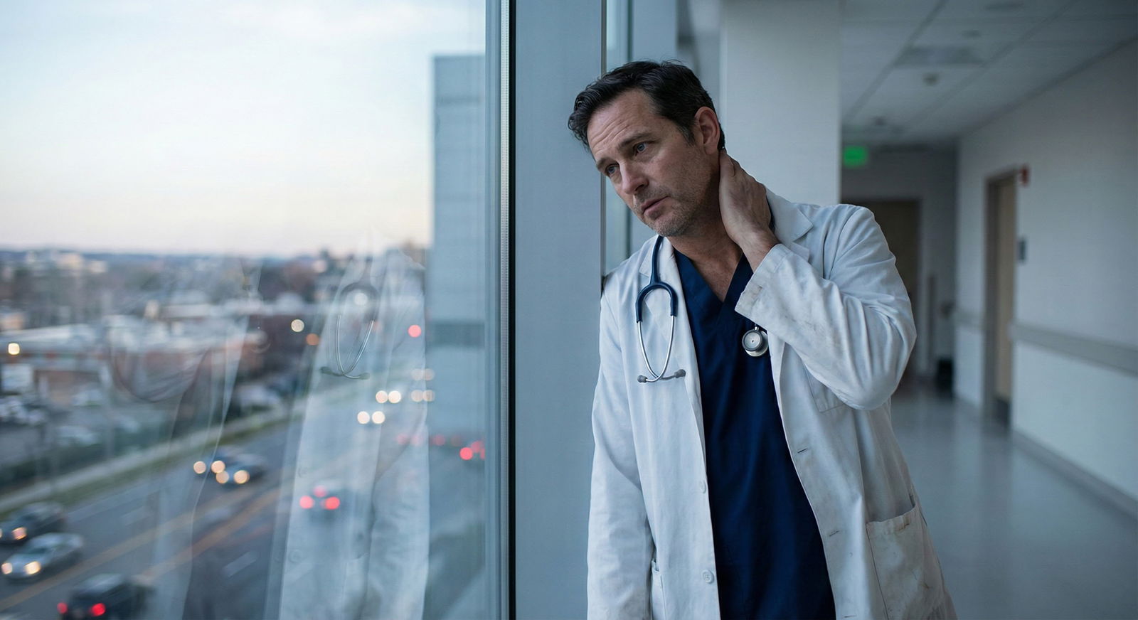 Two residents talking quietly in a hospital hallway after a difficult shift -  for If You’re Crying After Shift but Numb at W