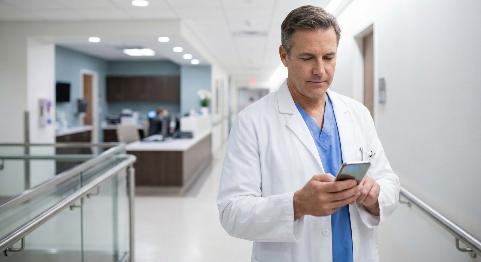 Busy attending physician checking emails on phone while walking -  for Post-USCE Timeline: How to Maintain Faculty Relationsh