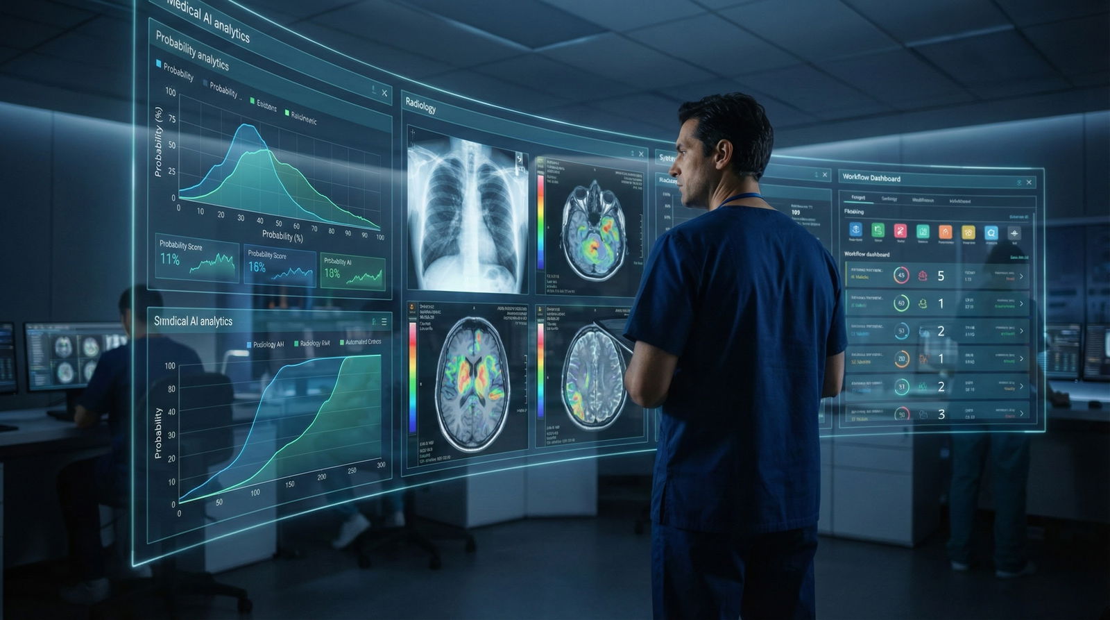 Medical student looking anxious at screens filled with pharmaceutical and tech company logos -  for Anxious About Industry In