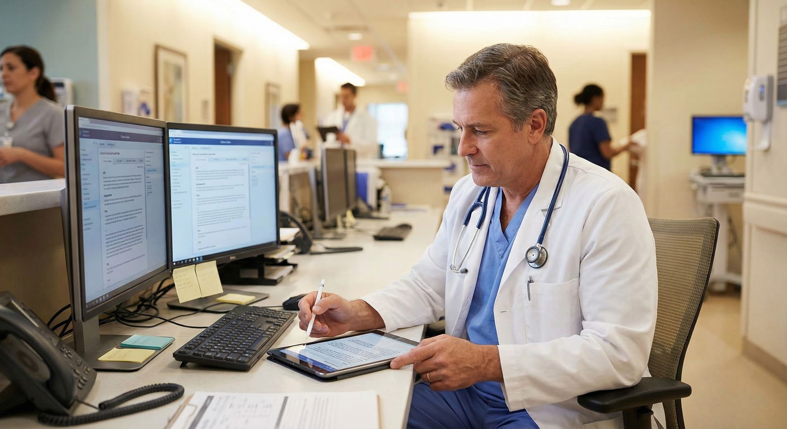 Frustrated physician in exam room juggling laptop and patient -  for If Your Clinic Refuses to Fund Scribes: Alternative Tech