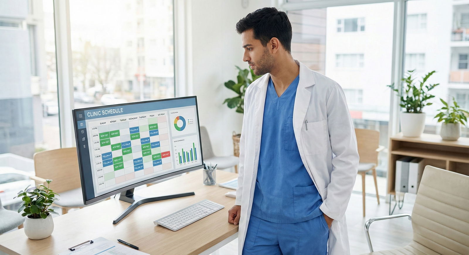 Physician looking out clinic window with mixed worry and hope -  for What If No Patients Show Up? How New Clinics Really Grow