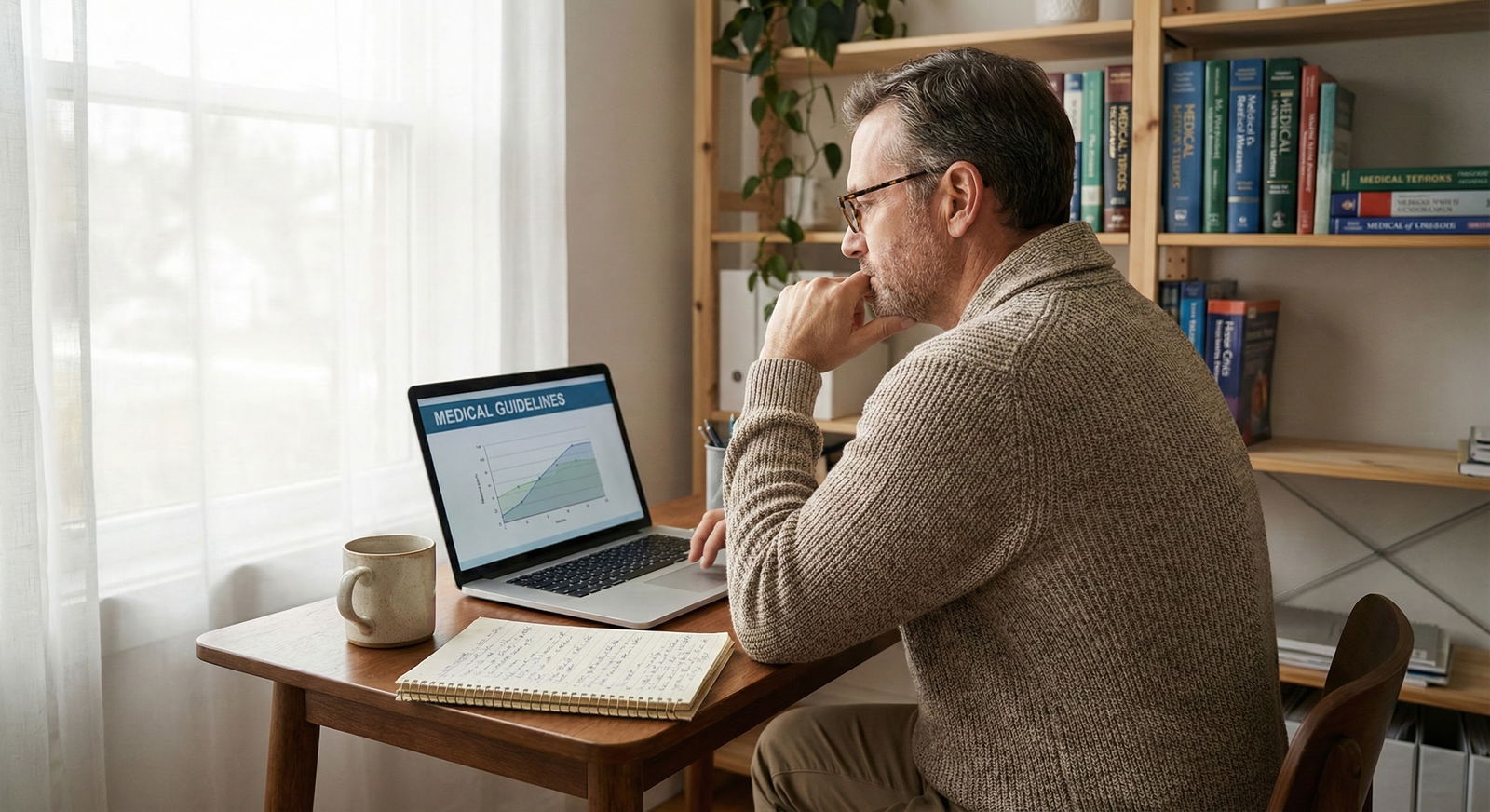 Physician reviewing clinical guidelines in a quiet home office the morning after a difficult case -  for 24 Hours After a Bad