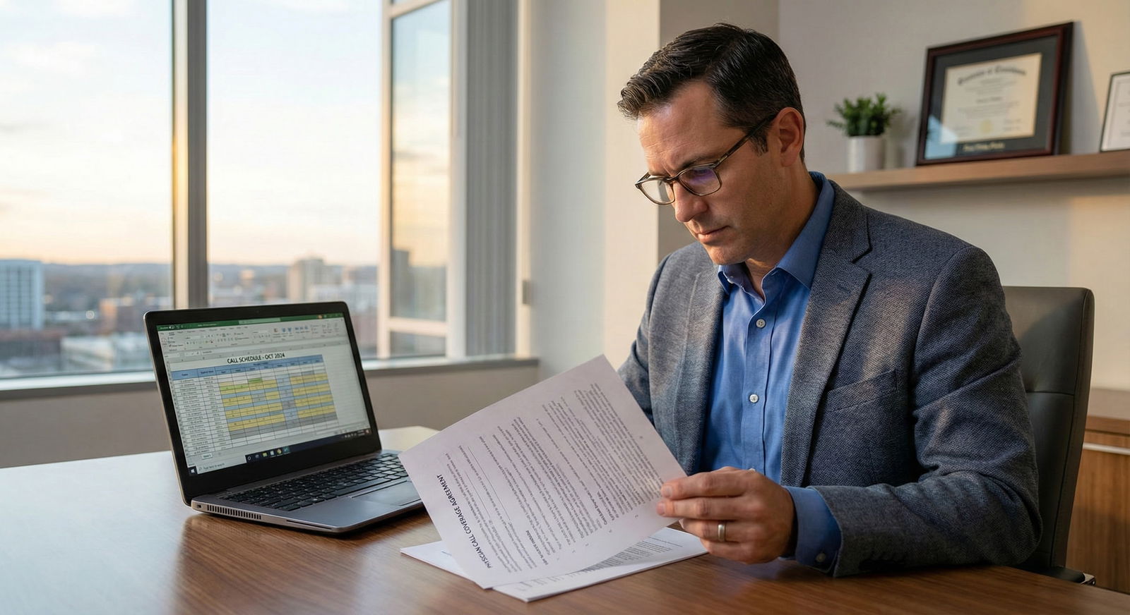 Physician reviewing contract call coverage terms in office -  for Call Coverage Compensation: Structuring Stipends, Credits,