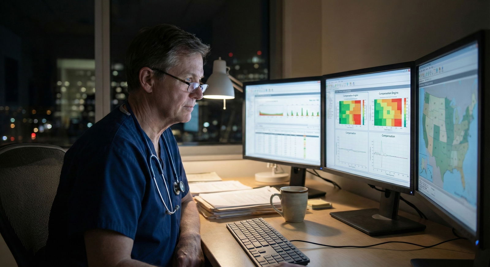Physician reviewing fellowship salary and lifestyle data on multiple screens -  for Structured Approach to Choosing the Most