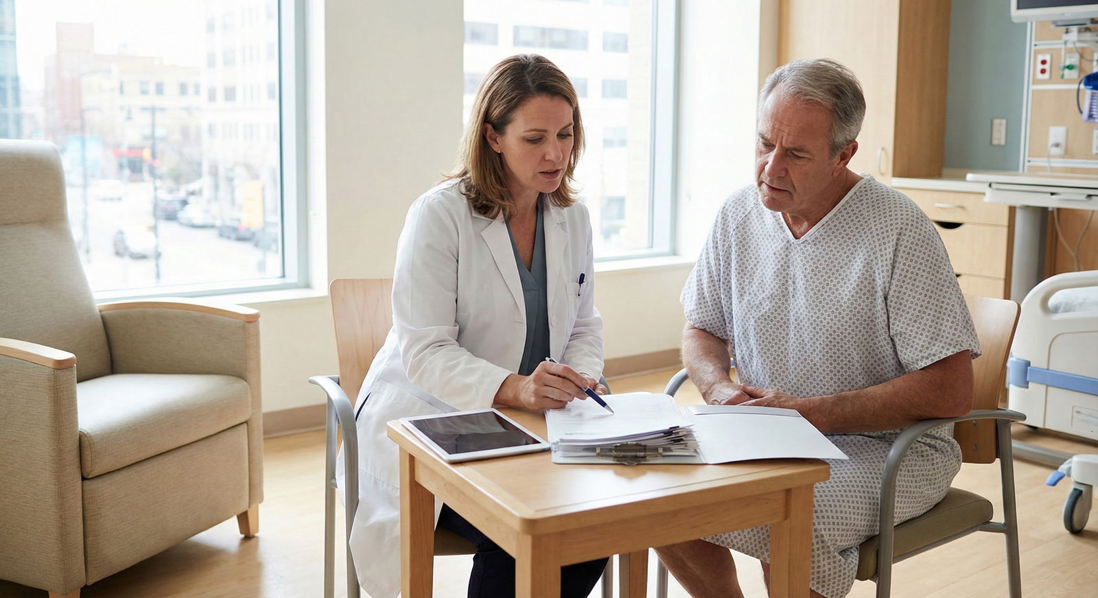 Physician reviewing hospital discharge paperwork with a concerned patient -  for A Checklist for Safely Discharging Patients