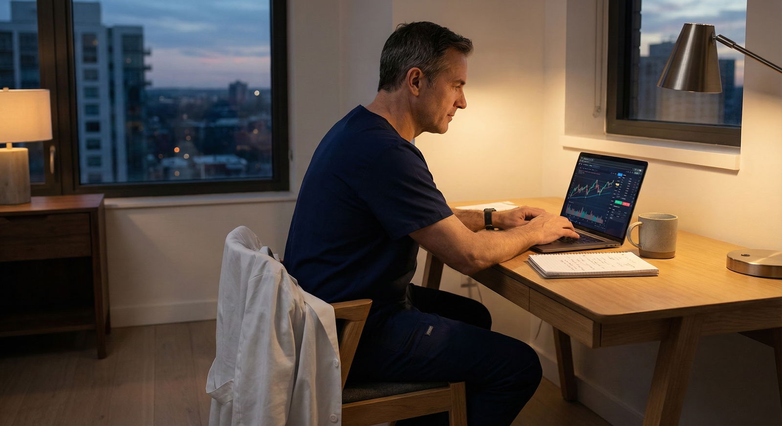 Stressed physician reviewing finances late at night -  for How Physician Burnout Correlates With Retirement Savings Rates