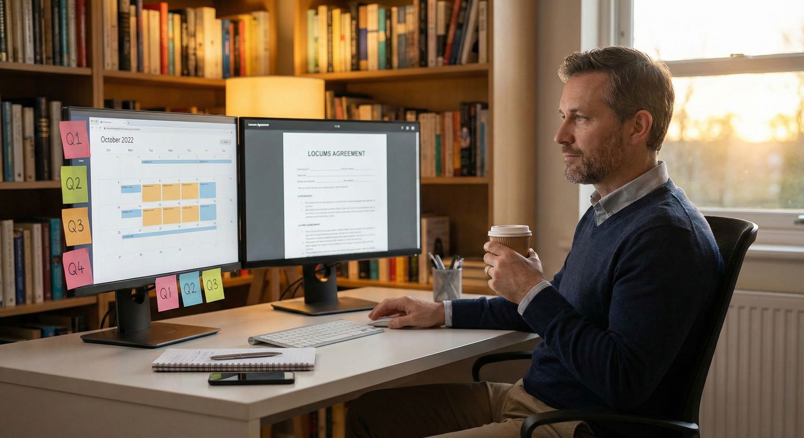 Physician reviewing locum tenens contracts while planning quarterly timeline -  for From Fellowship to Full-Time Locums: Tran