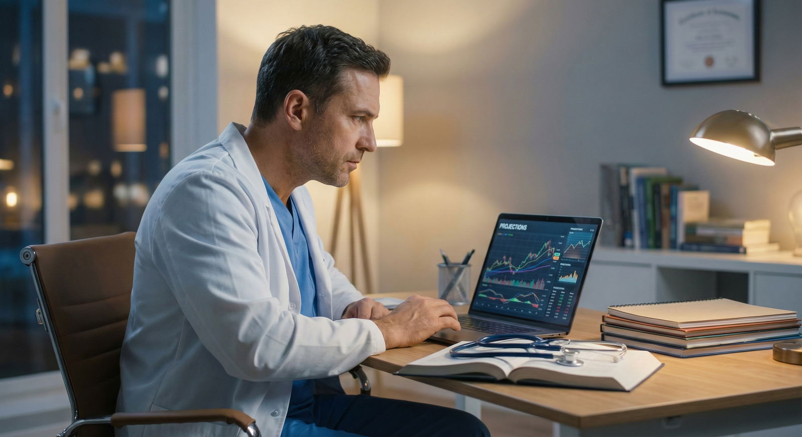 Resident physician reviewing investment portfolio on a laptop Resident physician reviewing investment portfolio on a laptop - for How Starting to Invest in Residency Changes Your Net Wor