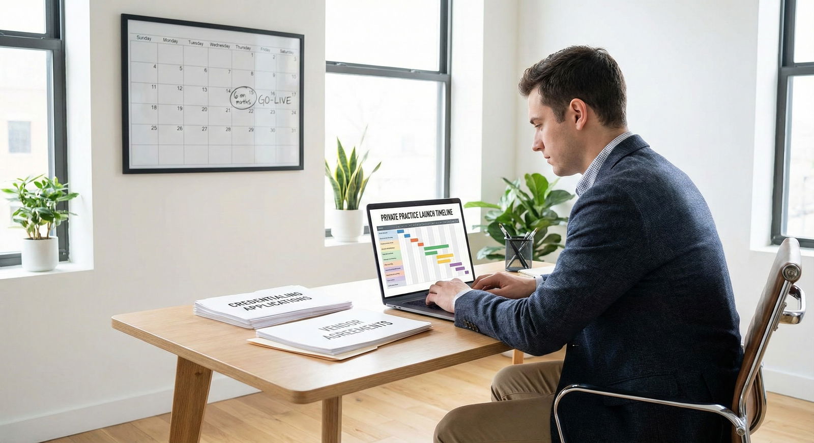 Physician reviewing private practice launch timeline on laptop with documents -  for Six Months Before Go‑Live: Credentialing