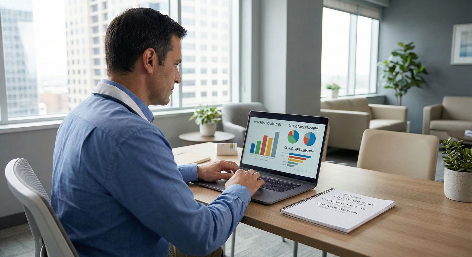 Physician reviewing referral analytics and patient source data -  for Starting in Private Practice: Building Referral Network