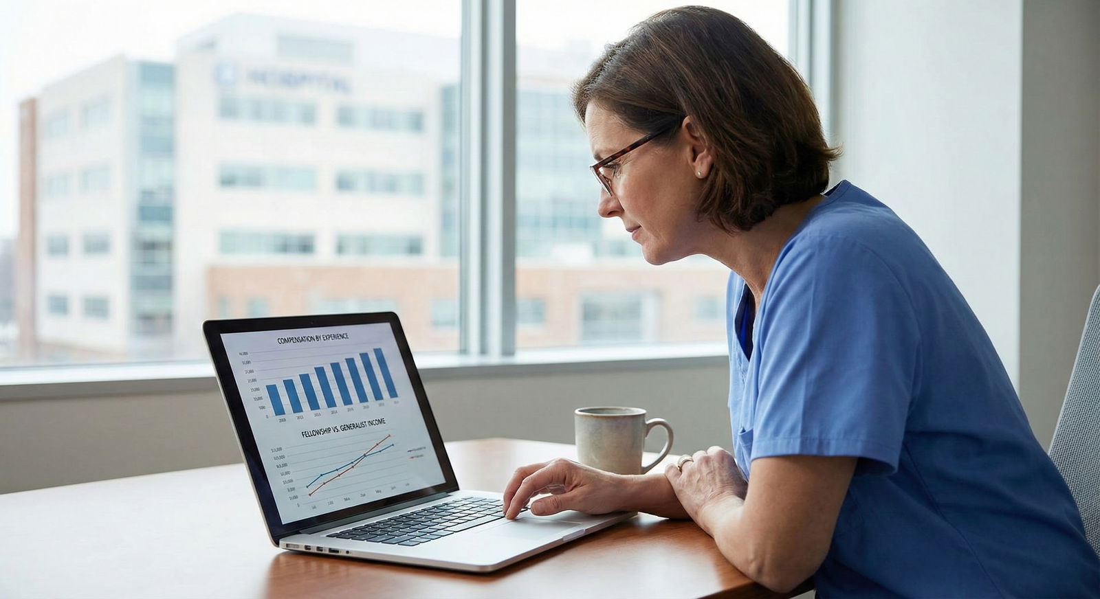 Medical residents reviewing specialty salary charts -  for Compensation Curves by Specialty: Income at 1, 5, and 10 Years Out