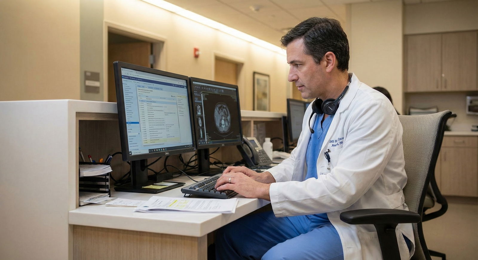 Young physician starting job at a low-tech community hospital, reviewing paper charts and an older computer terminal at the n