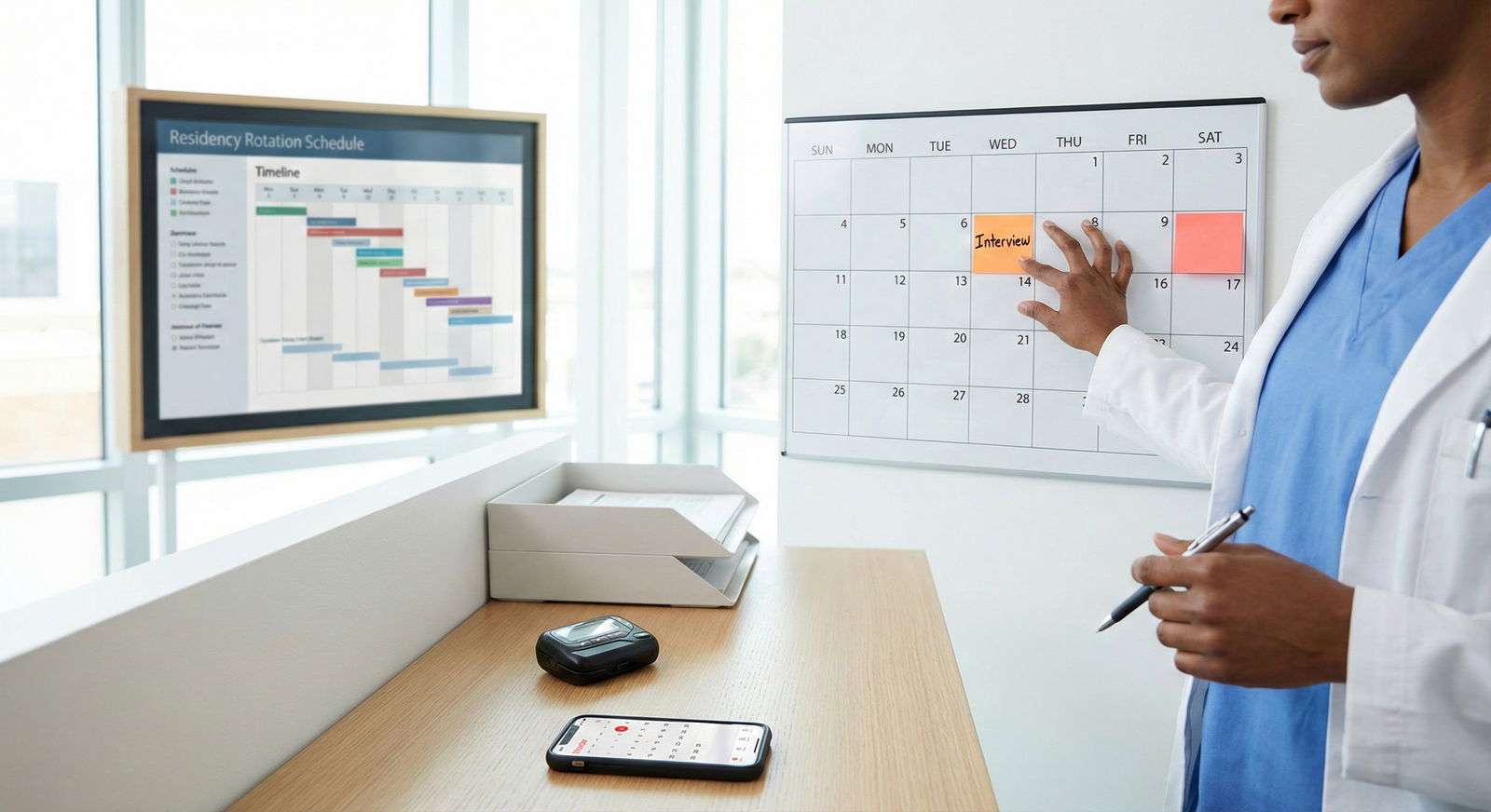 Resident doctor reviewing schedule during a transition year -  for Using a Gap Between Prelim and Advanced Years Productively