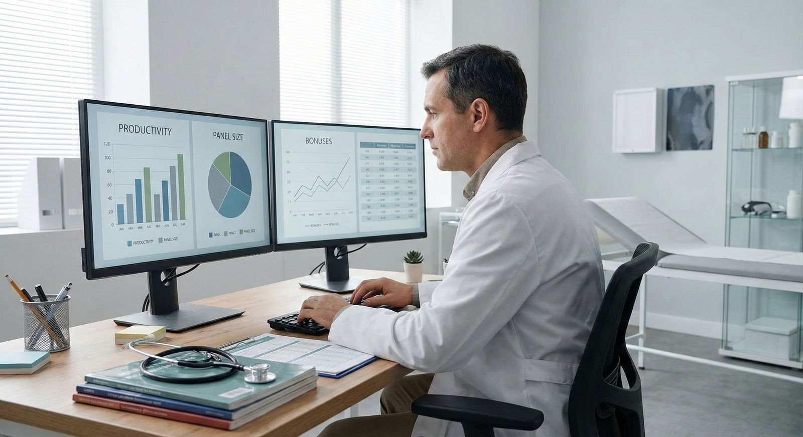 Physician reviewing productivity data and compensation reports -  for Productivity vs Salary Models: Income Variability Acros