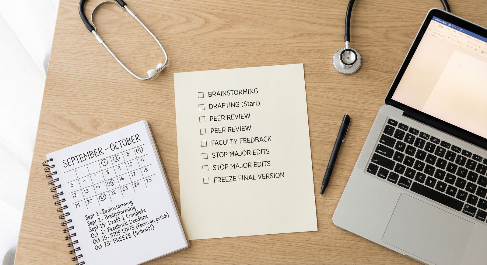 Printed checklist and timeline for residency personal statement editing -  for When to Start, Stop, and Freeze Edits on Your