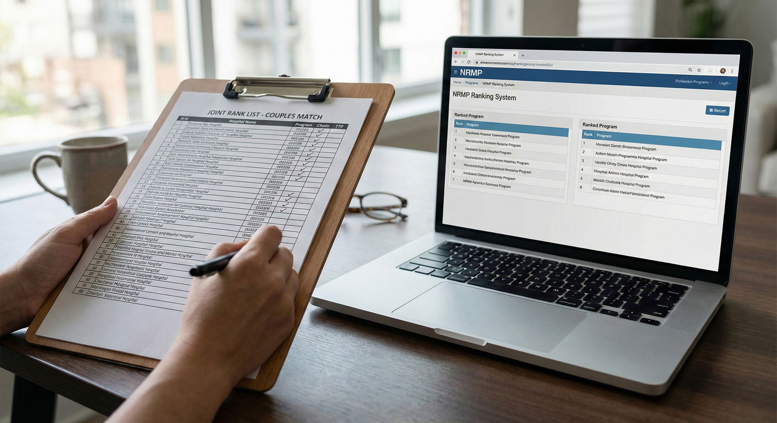 Printed joint rank list being cross-checked with NRMP interface -  for Building a Joint Rank List: A Structured Spreadsheet M