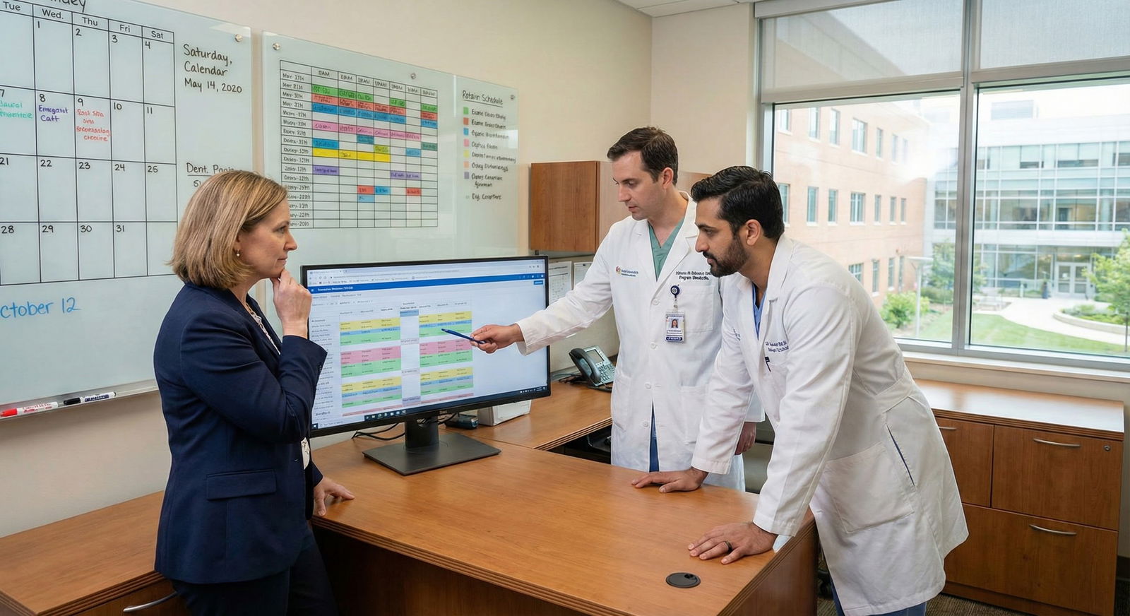 Program director and chief residents reviewing schedules Program director and chief residents reviewing schedules - for Why Some Programs Love Prelim Residents—and Others Barely Tol