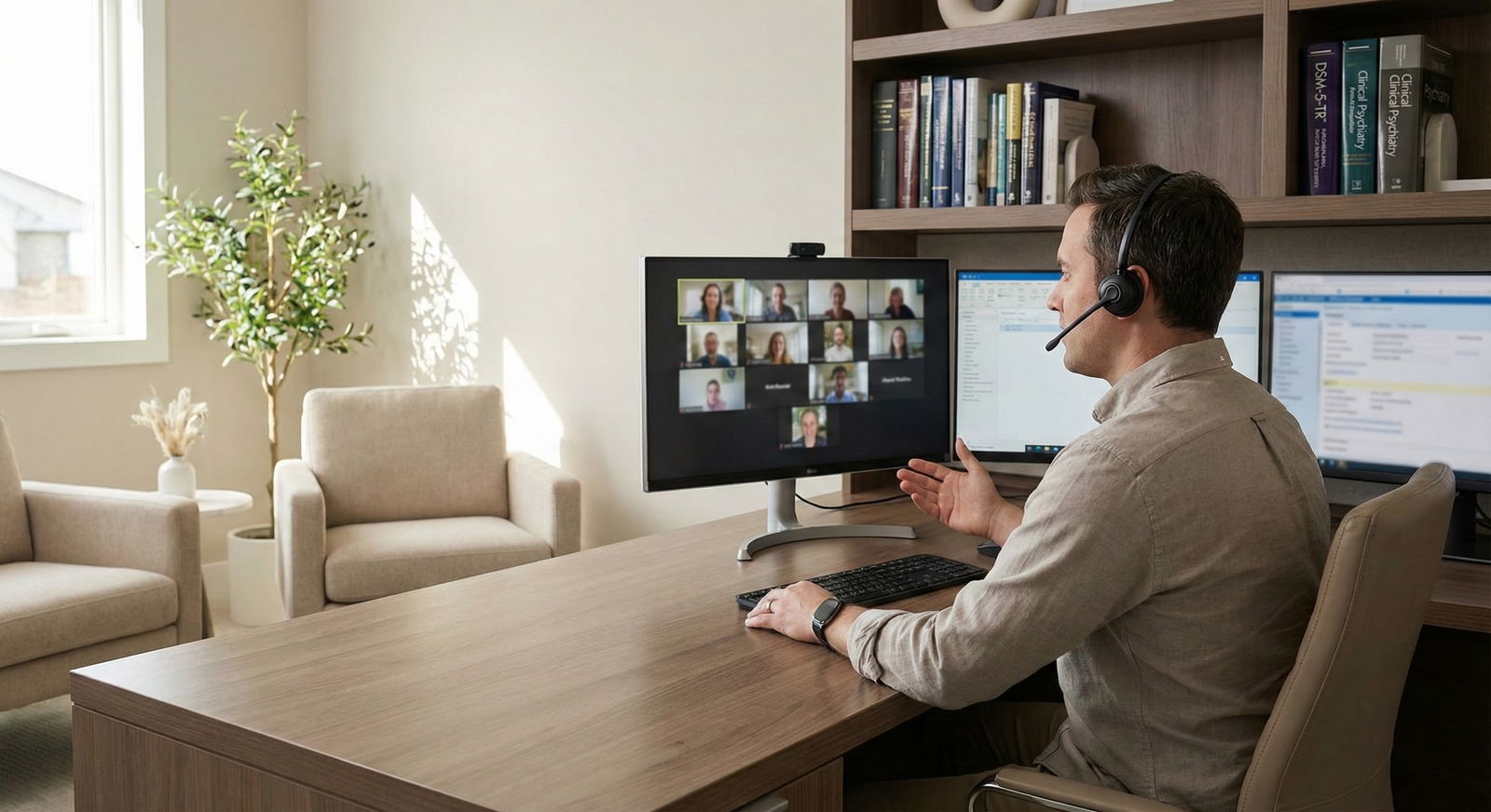 Physician using telehealth workstation to consult patients Physician using telehealth workstation to consult patients - for Which Specialties Gain Most from Telehealth? Utilization an