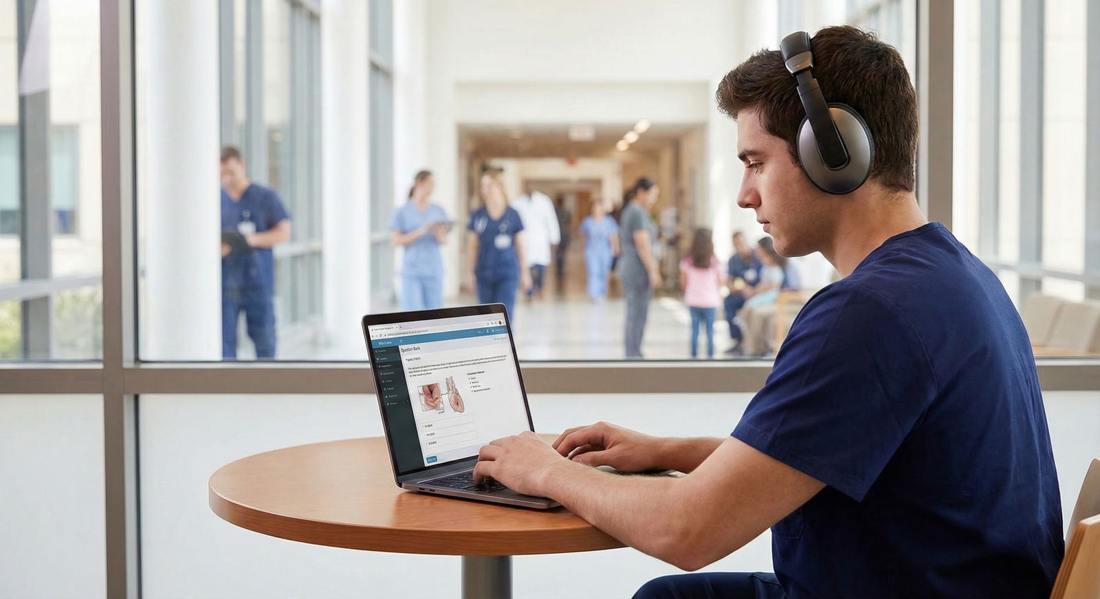 Quiet focused Step 2 practice in a hospital lobby -  for Managing Step 2 Prep During a Personal Crisis or Family Emergency