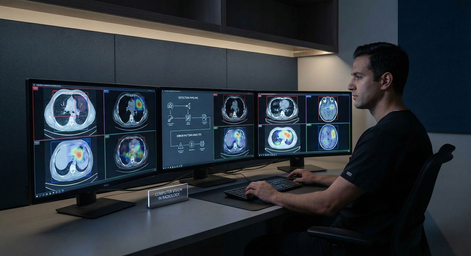 Radiologist reviewing AI-annotated CT scans on multiple monitors -  for Computer Vision in Radiology: Detection Pipelines and