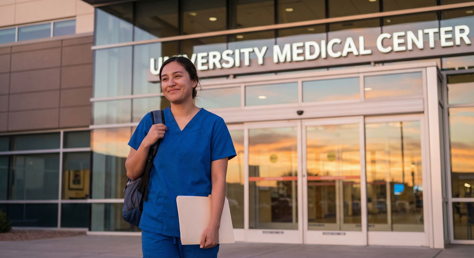 Relieved medical student leaving hospital at sunset -  for What If My LOR Writer Asks Me to Draft It Myself?