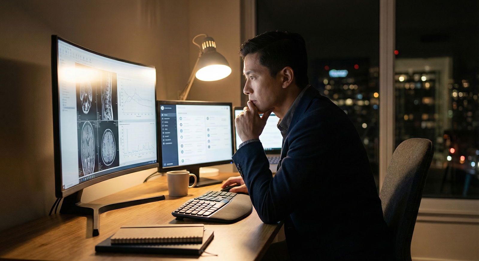 Physician founders in a modern city coworking space reviewing funding data Physician founders in a modern city coworking space reviewing funding data - for Geography Matters: Cities Where Physician S