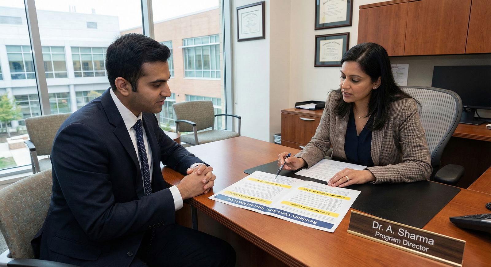 Residency applicant discussing academic support with program director -  for Exam Remediation Systems at Programs Known for S