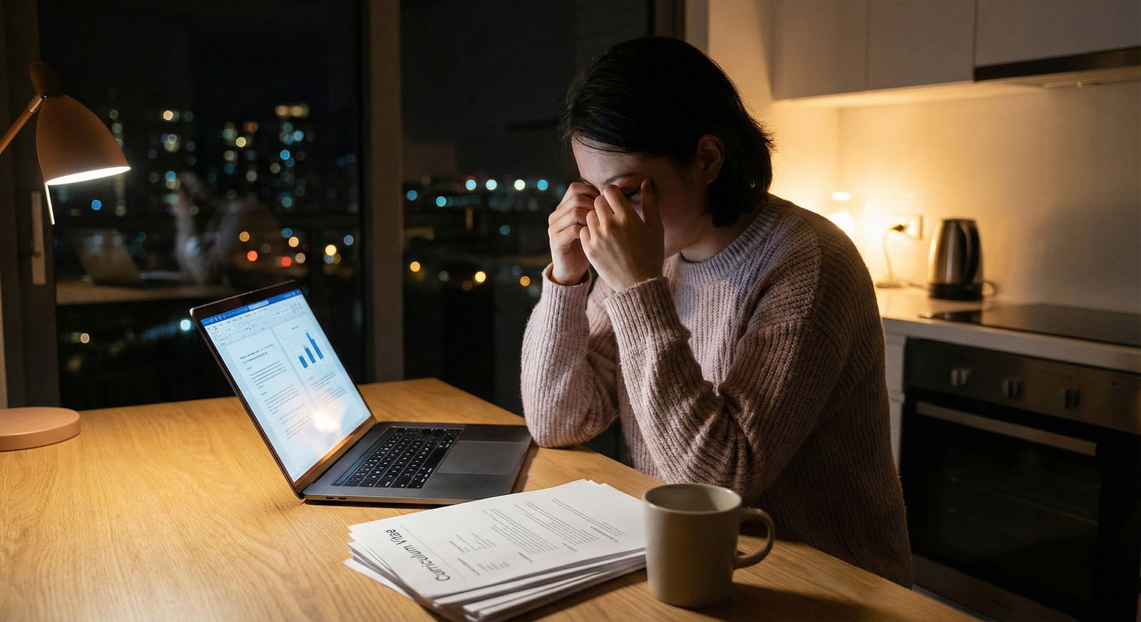 Residency applicant preparing application documents on a laptop at night -  for Is One Strong Gap Year Letter Enough to Resha