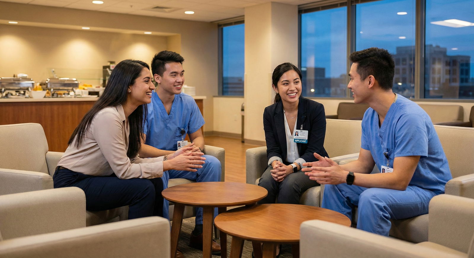 Residency applicant talking with residents during interview day social -  for Interview-to-Offer Ratios: Which Programs Are M