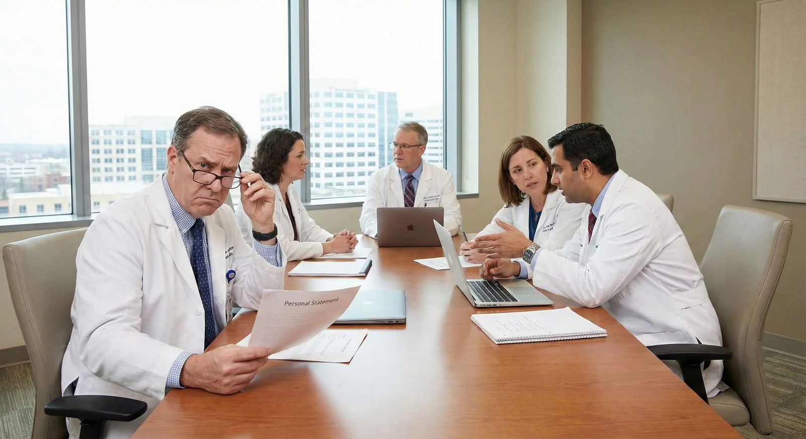 Program director reviewing residency applications in an office -  for No, Your Personal Statement Doesn’t Need a Dramatic Nea