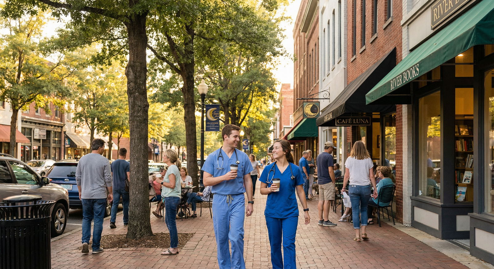 Residency couple exploring a walkable mid-sized downtown area -  for The ‘Big City or Bust’ Myth: Why Couples Often Match Bet