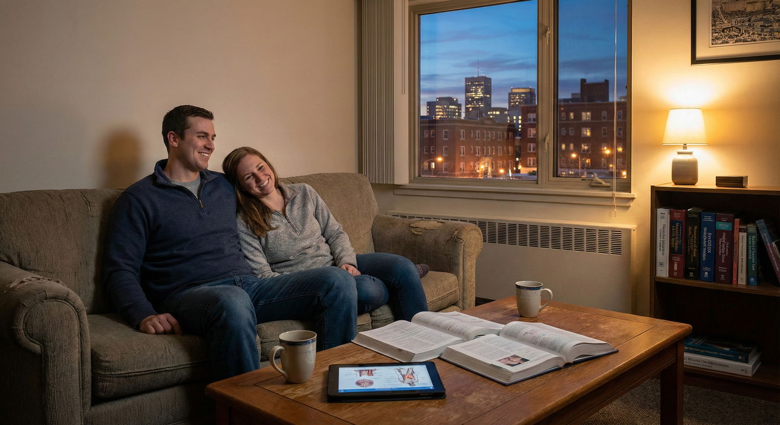 Residency couple relaxing in an affordable mid-sized city apartment -  for The ‘Big City or Bust’ Myth: Why Couples Often Mat