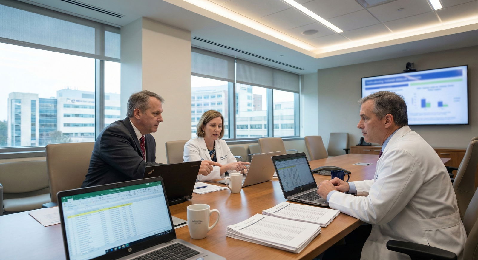 Residency interview panel reviewing applicant data on screens -  for Interview Yield Statistics: Which Mistakes Most Strongly