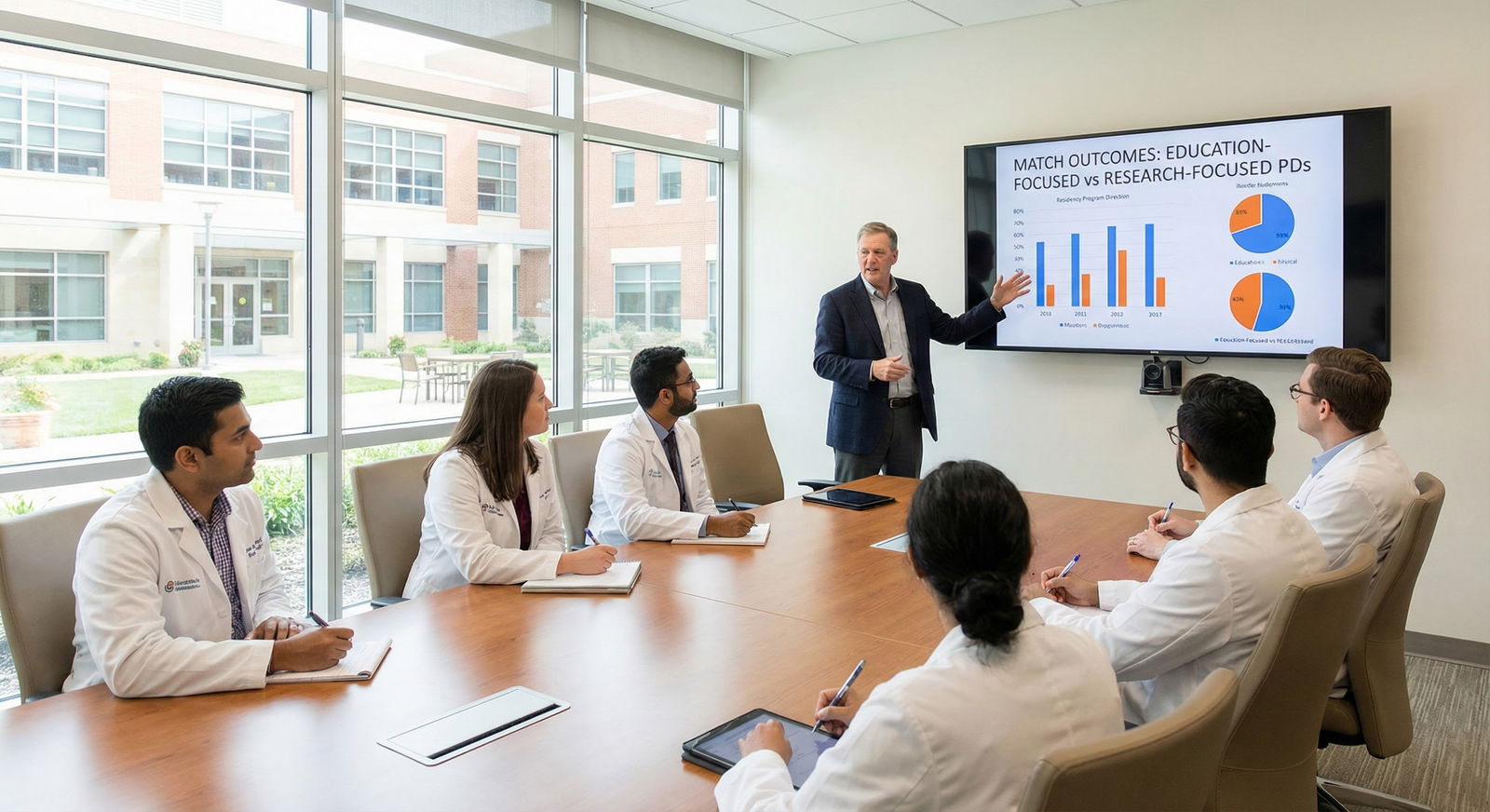Residency program director discussing match outcomes data with residents Residency program director discussing match outcomes data with residents - for Match Outcomes for Programs Led by Education-