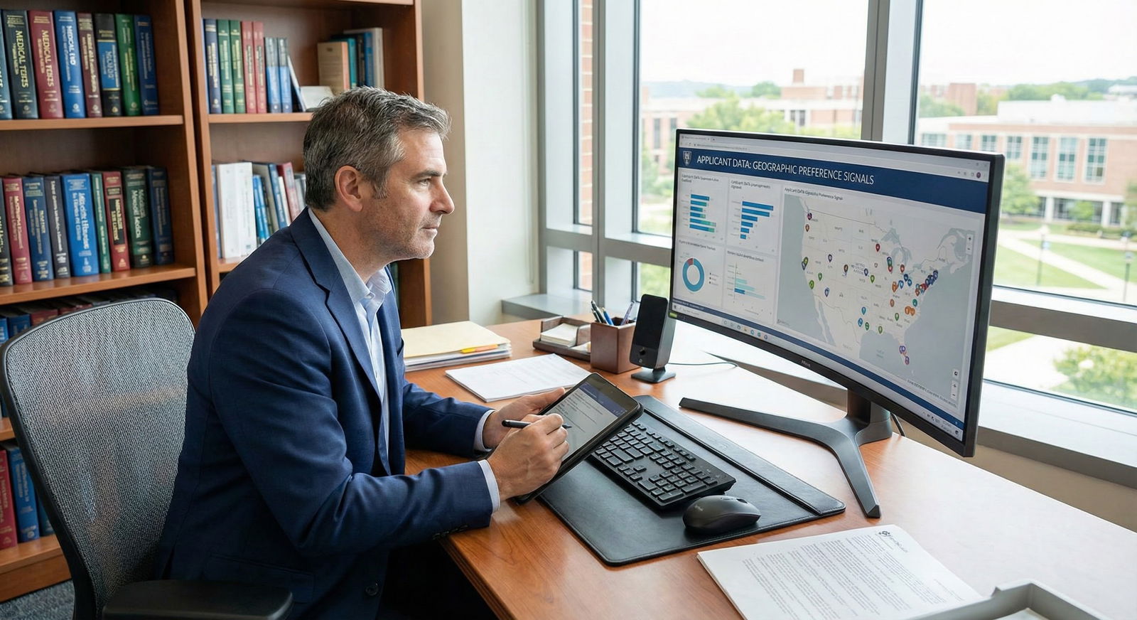Residency program director evaluating geographic preference data on a computer -  for Geographic Preference Signals: Do They