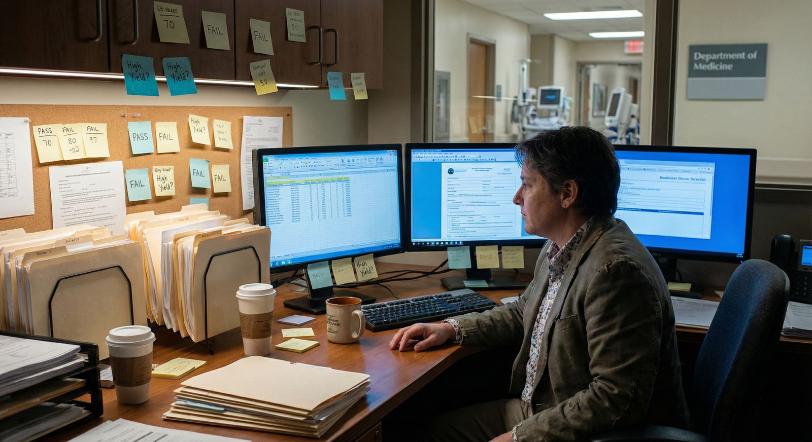 Residency program director reviewing digital applications on multiple monitors -  for How PDs Really Use Pass/Fail Step 1 to