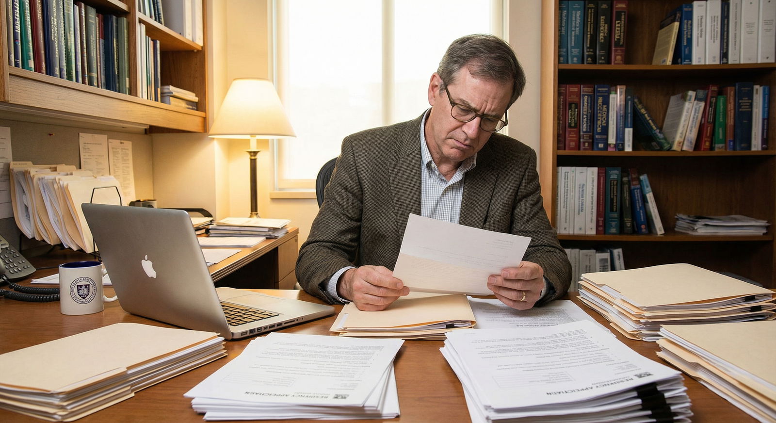 Residency program director reviewing letters of recommendation with regional maps in the background -  for Regional Patterns: