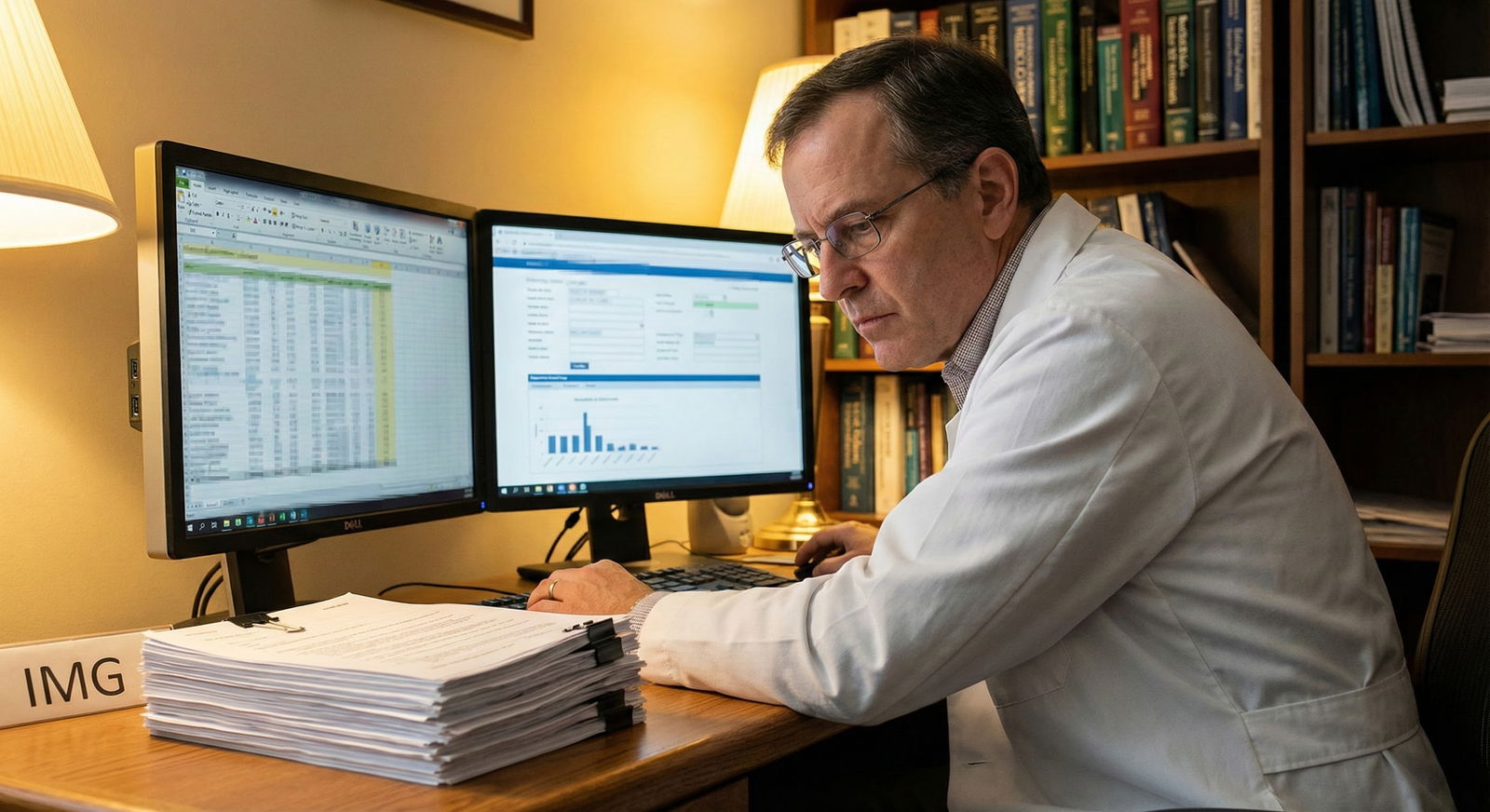 Residency program director reviewing IMG applications on dual monitors -  for How PDs Compare Caribbean vs Non‑US IMGs When R